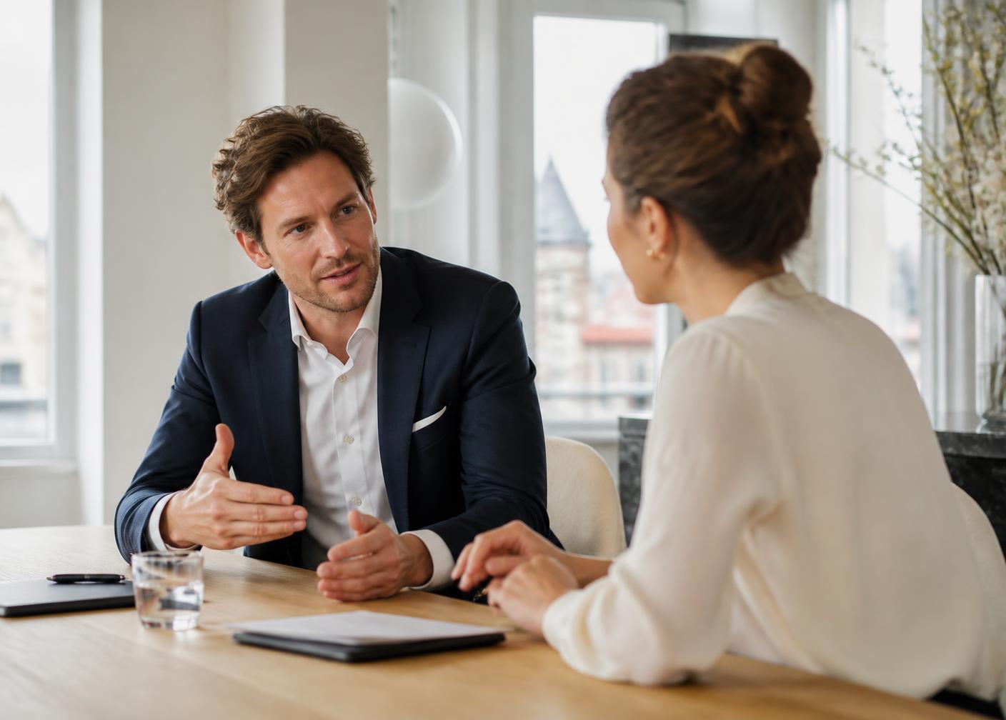 Twee zakelijke gesprekspartners in gesprek aan tafel